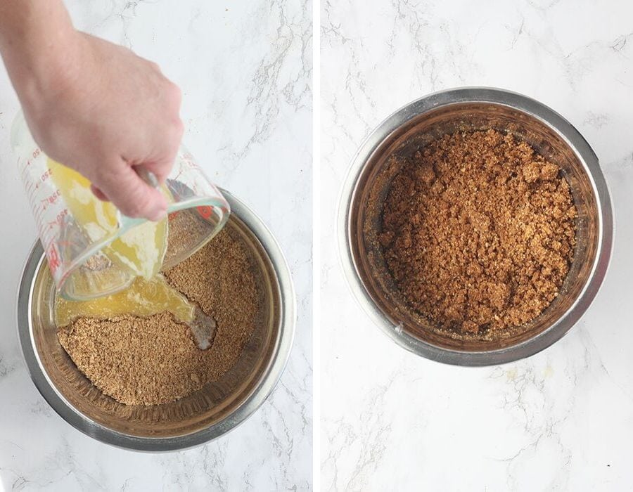 Left, pouring melted butter into a metal bowl of crushed graham crackers. Right, graham cracker crumbs and butter mixed together in a metal bowl.