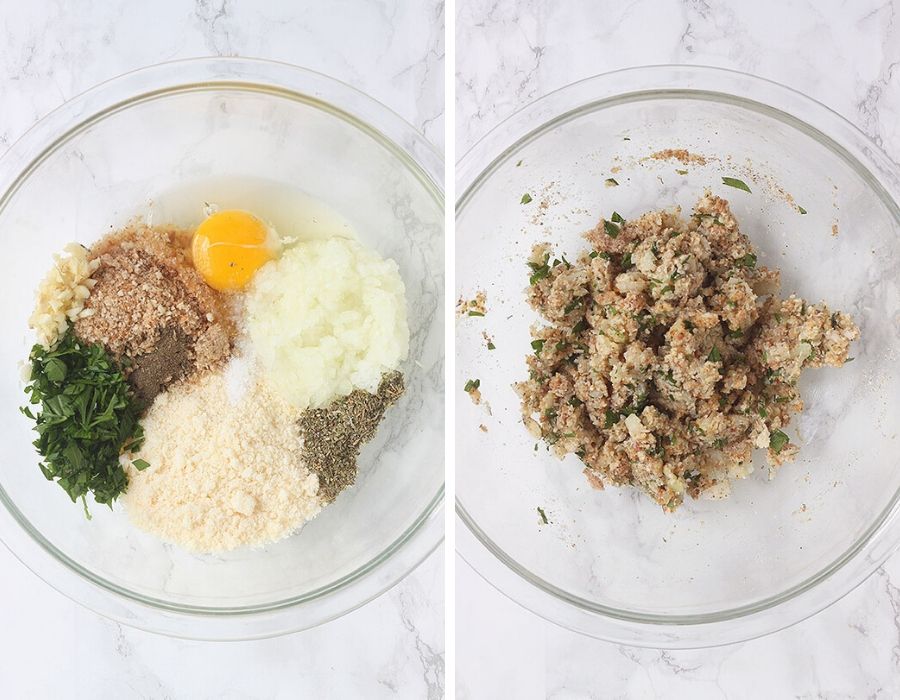 mixing bowl with parmesan cheese, herbs, raw egg and breadcrumbs