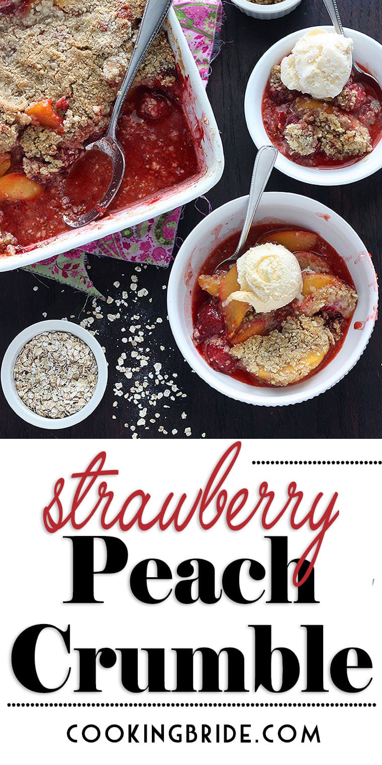 Strawberry peach crumble combines juicy peaches and sweet strawberries with a crispy oat topping. It's a yummy, sweet summertime dessert.