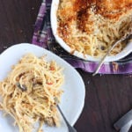 Easy turkey tetrazzini recipe is a great way to use up Thanksgiving leftovers. Rich and creamy sauce and topped with buttery breadcrumb topping.