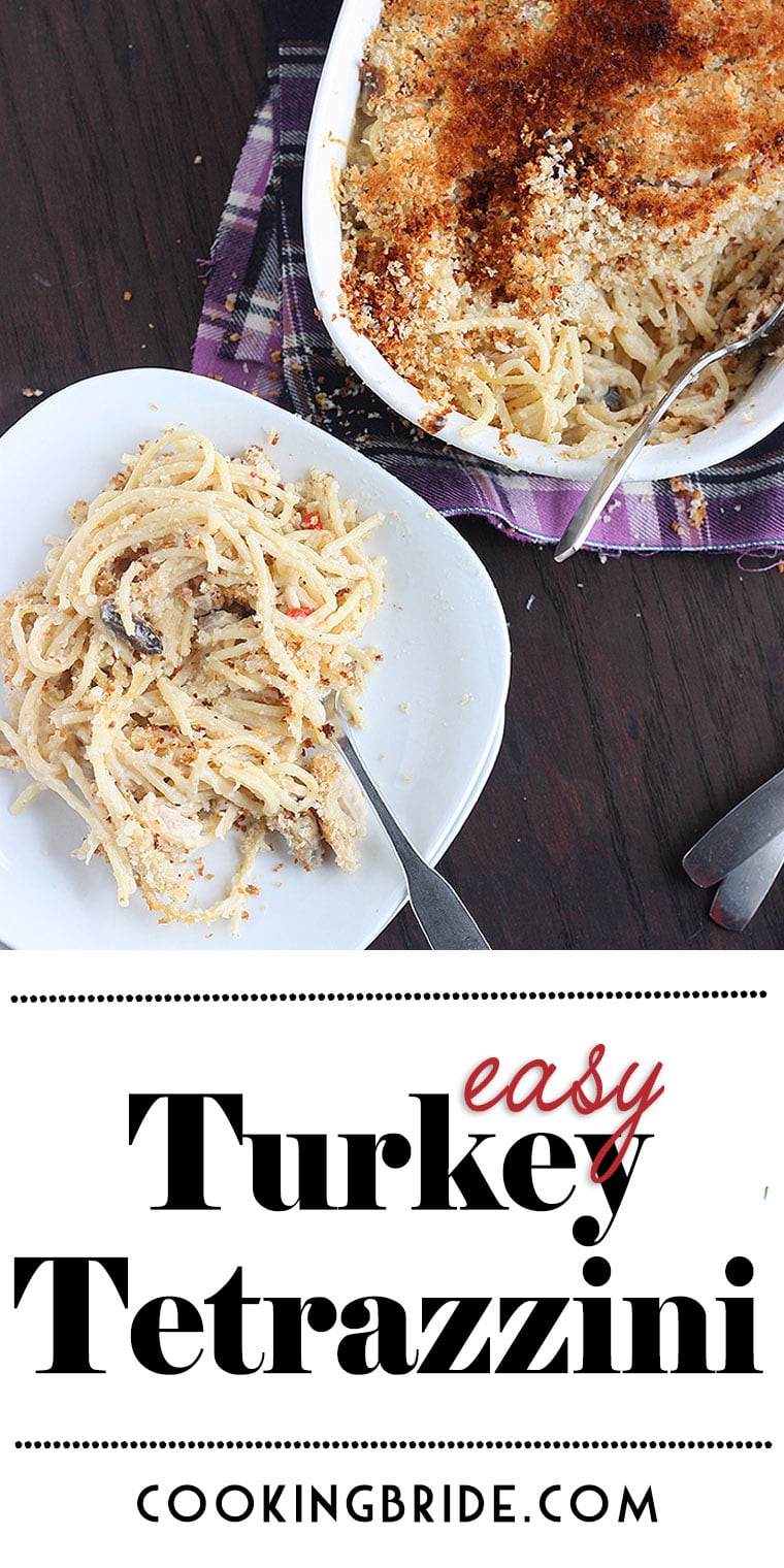 Easy turkey tetrazzini recipe is a great way to use up Thanksgiving leftovers. It has a rich and creamy sauce and topped with a buttery breadcrumb topping.