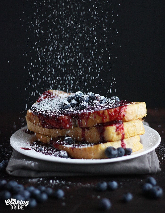 French toast covered with Strawberry Blueberry Sauce and powdered sugar