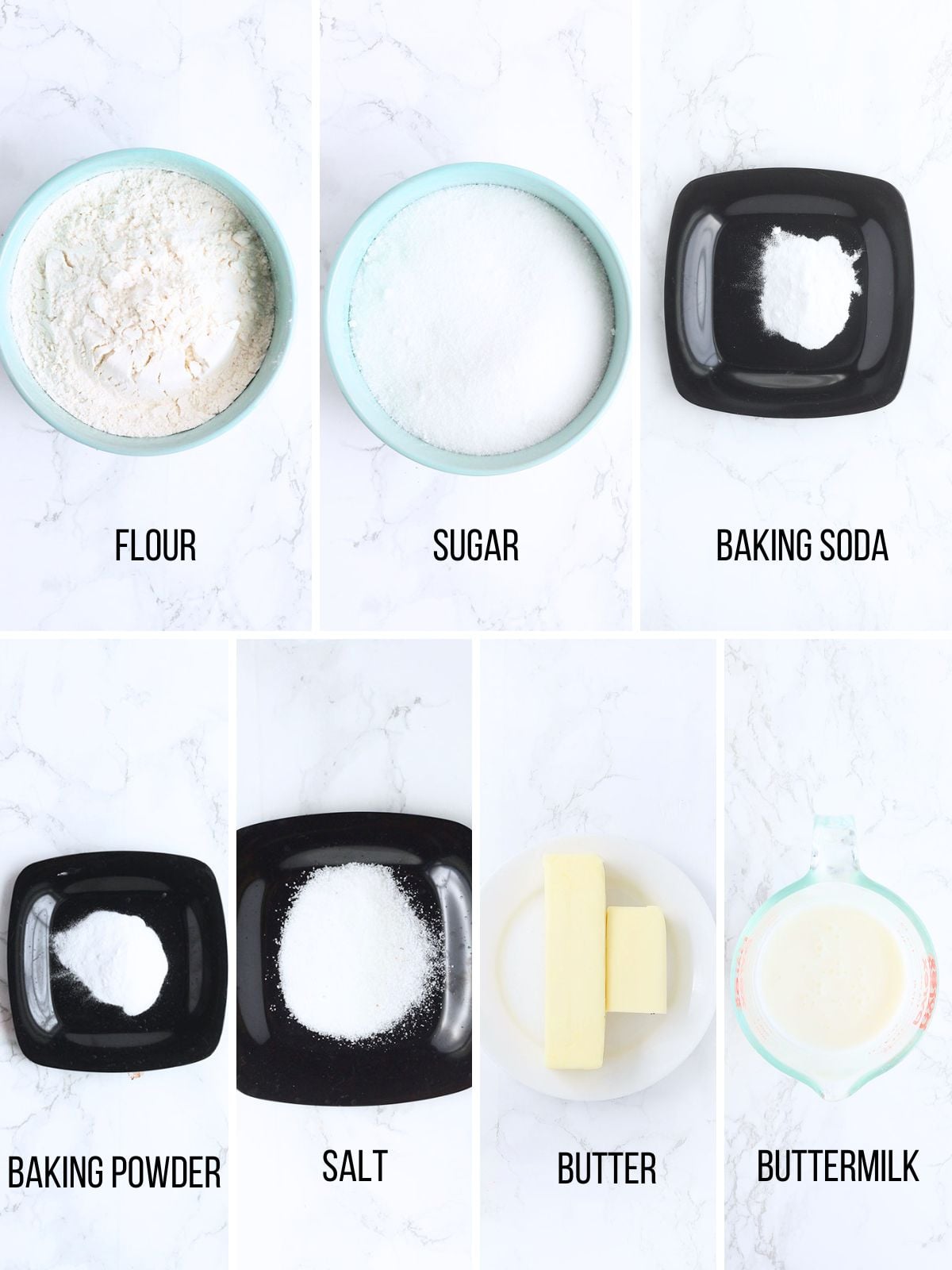 Collage of ingredients needed to make buttermilk biscuits.