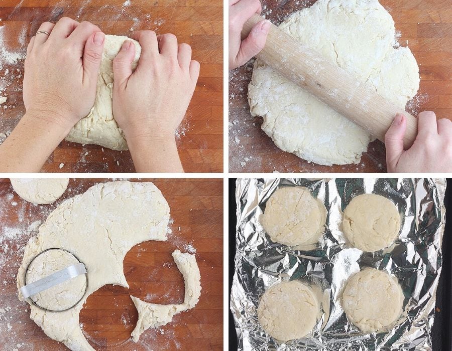 top left: kneading the biscuit dough; top right: rolling out the biscuit dough with a rolling pin; bottom left: cutting the biscuit dough with a cutter; bottom right: cut biscuits on a baking tray covered in foil and coated in cooking spray