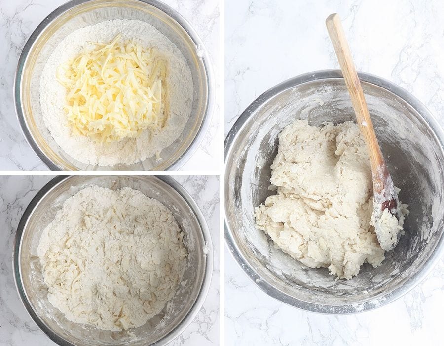top left: grated butter sitting on top of flour in a steel mixing bowl; bottom left: flour with grated butter in a steel mixing bowl; right: mixed biscuit dough in a steel bowl
