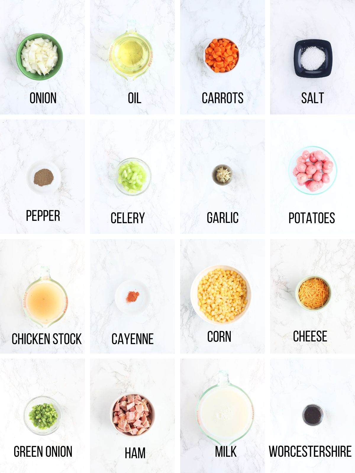 Collage of ingredients needed to make potato corn chowder.