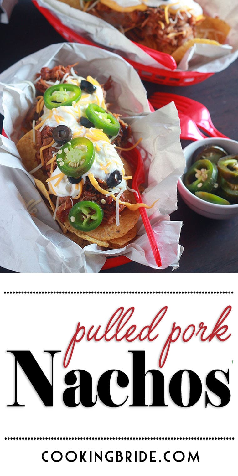Loaded pulled pork nachos recipe that mixes sweet barbecue pulled pork drizzled with a spicy, creamy cheddar cheese sauce over toasted tortilla chips.