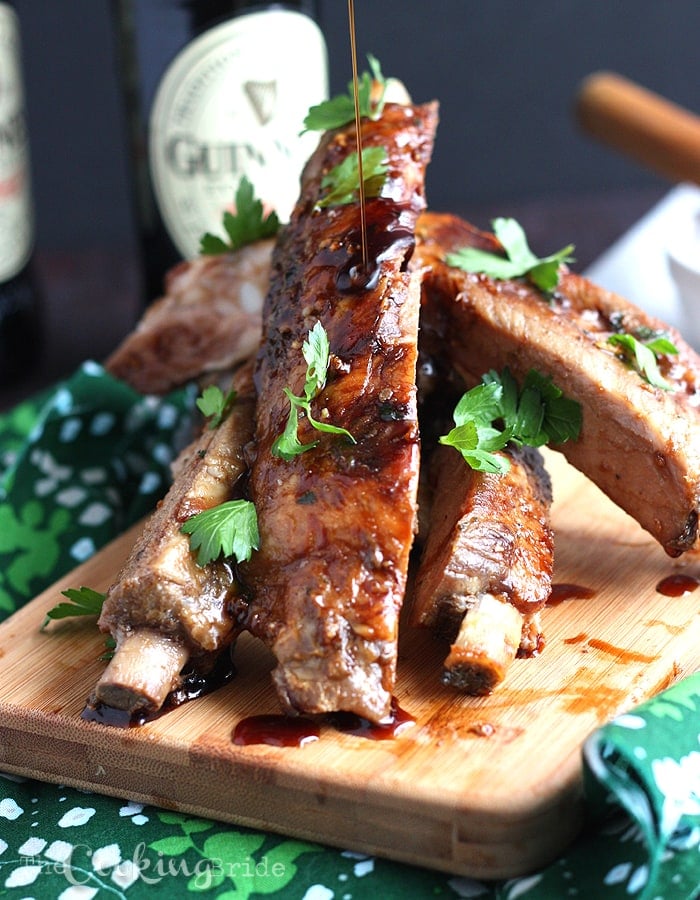 These bbq pork ribs are marinated overnight in Guinness beer, then grilled and basted with a glaze of honey, soy sauce, garlic, and black pepper.