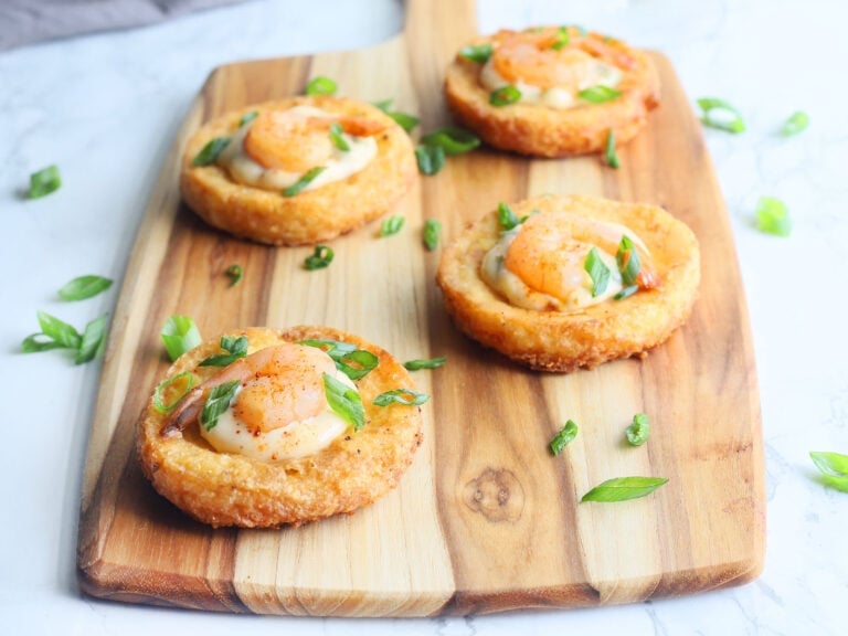 Spicy Shrimp on Fried Grit Cakes