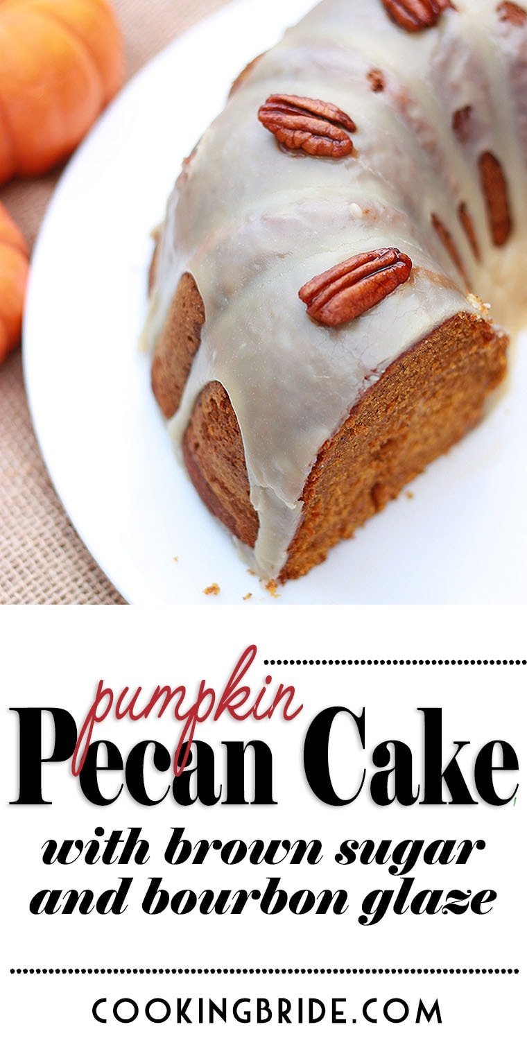 This delicious pumpkin pecan cake is glazed with a brown sugar bourbon glaze and garnished with sugared pecans. Perfect substitute for pumpkin pie!