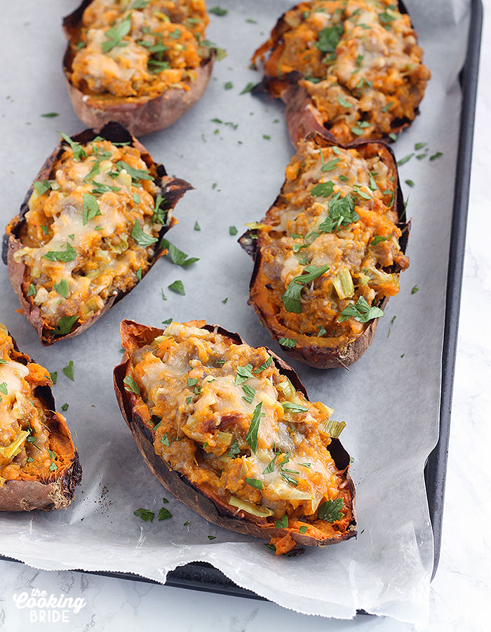 Twice Baked Sweet Potatoes on a waxed paper lined baking sheet.