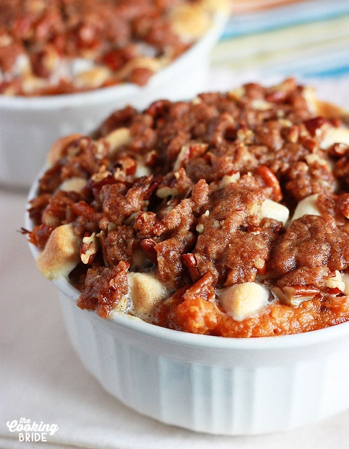 sweet potato casserole in a white ramekin