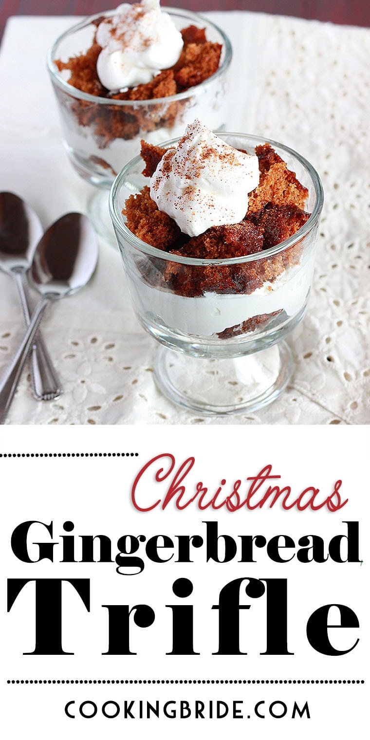 Gingerbread trifle combines spicy homemade gingerbread cake with eggnog infused whipped cream in this light Christmas dessert.