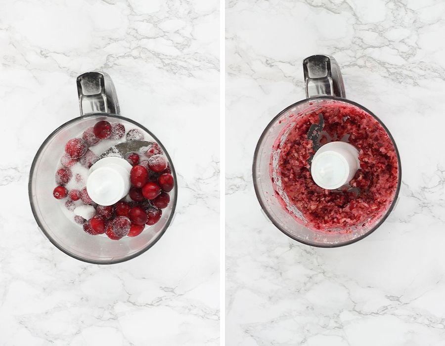 Before and after of cranberries in a food processor