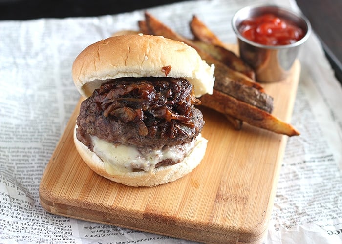 Pepper Jack Stuffed Burgers with Bourbon Caramelized Onions