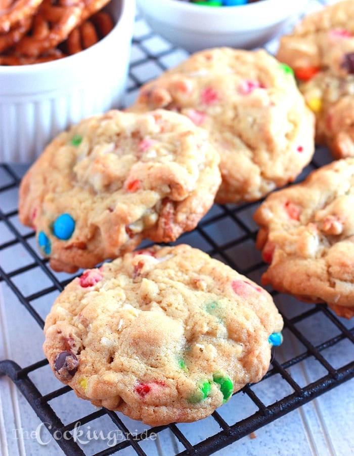 Salty pretzels, chewy coconut, and sweet M&M's give these loaded pretzel cookies an abundance of tastes and textures.