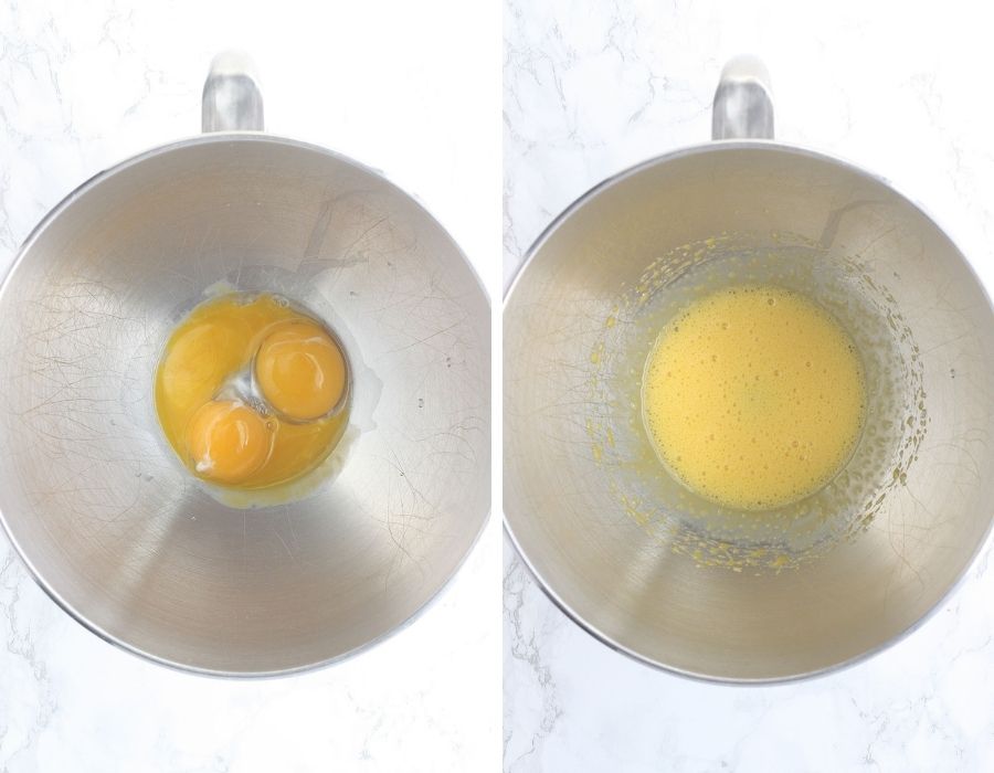 on the left, three egg yolks in a metal mixing bowl. On the right, egg yolks whipped until frothy