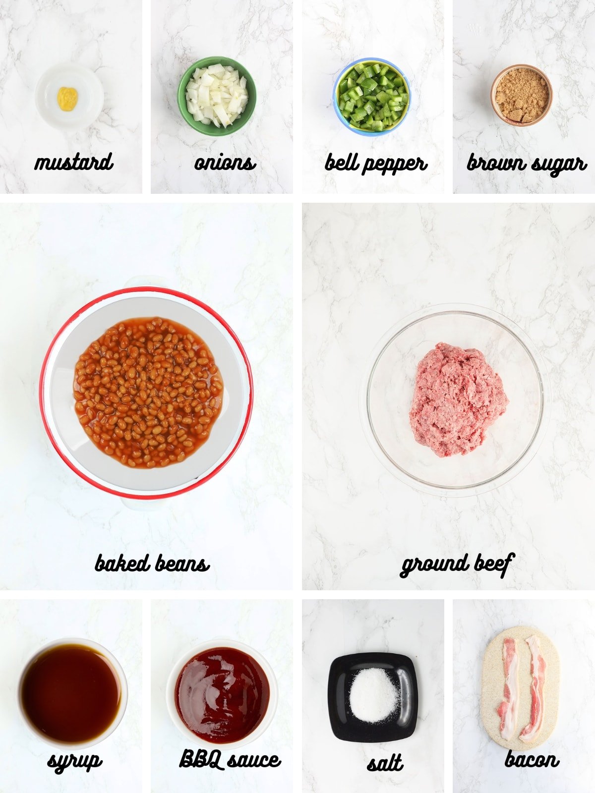 collage of ingredients needed to make baked beans with ground beef.