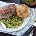 Thick grilled boneless pork loin chops are stuffed with a creamy brown rice mixture seasoned with homemade fresh herb pesto.