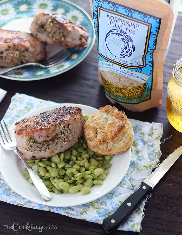 Thick grilled boneless pork loin chops are stuffed with a creamy brown rice mixture seasoned with homemade fresh herb pesto.