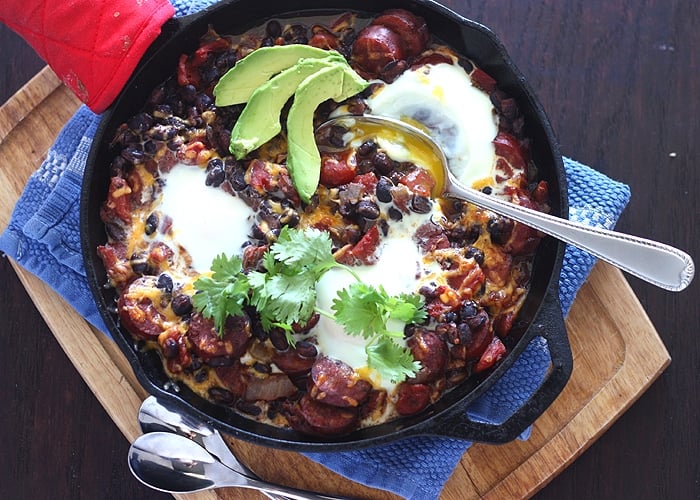 Oven Baked Eggs with Andouille and Black Beans