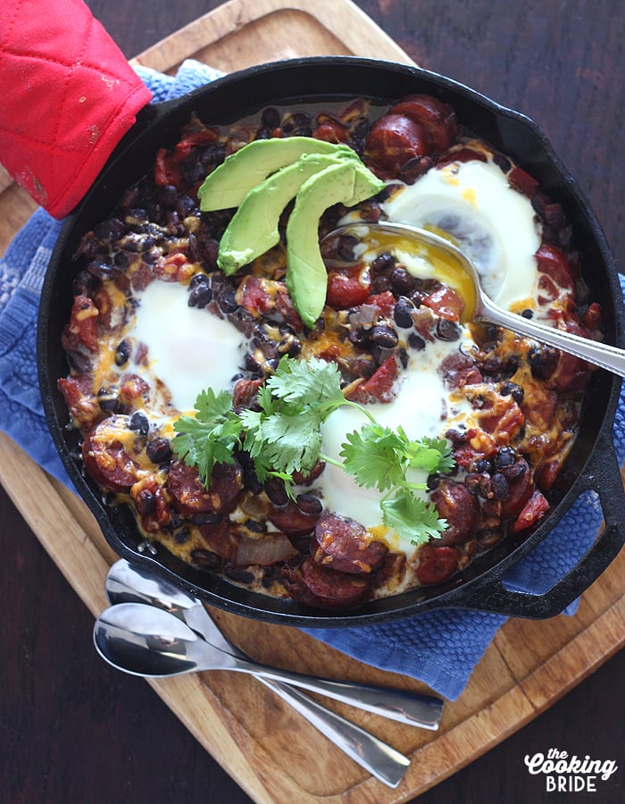Baked Eggs with Andouille and Black Beans - CookingBride.com