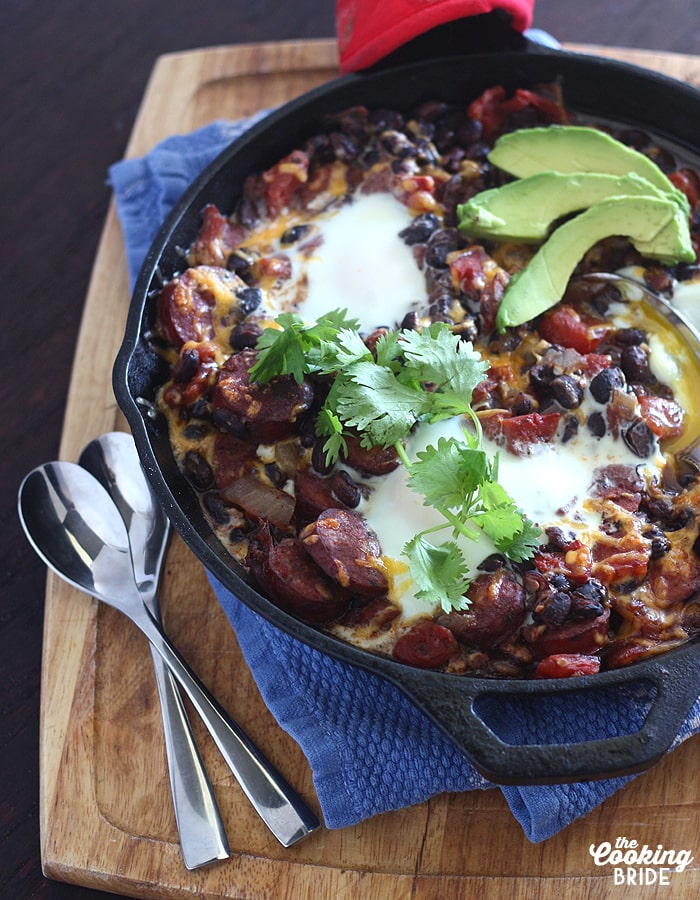 oven baked eggs with Andouille and black beans