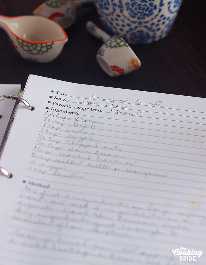 My mom's recipe for homemade banana bread written in her own handwriting.