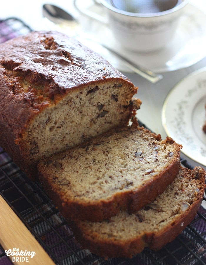 sliced banana bread on a cooling rack