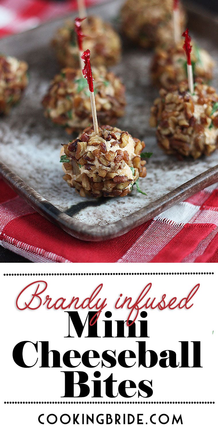 Brandy Infused Mini Cheese Ball Bites are made with tangy cheese, soft cream cheese and Brandy for a little kick. Chopped pecans give added crunch.