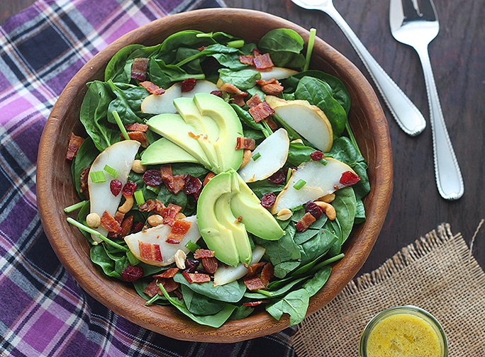 Spinach Pear Salad with Dried Cranberries and Bacon