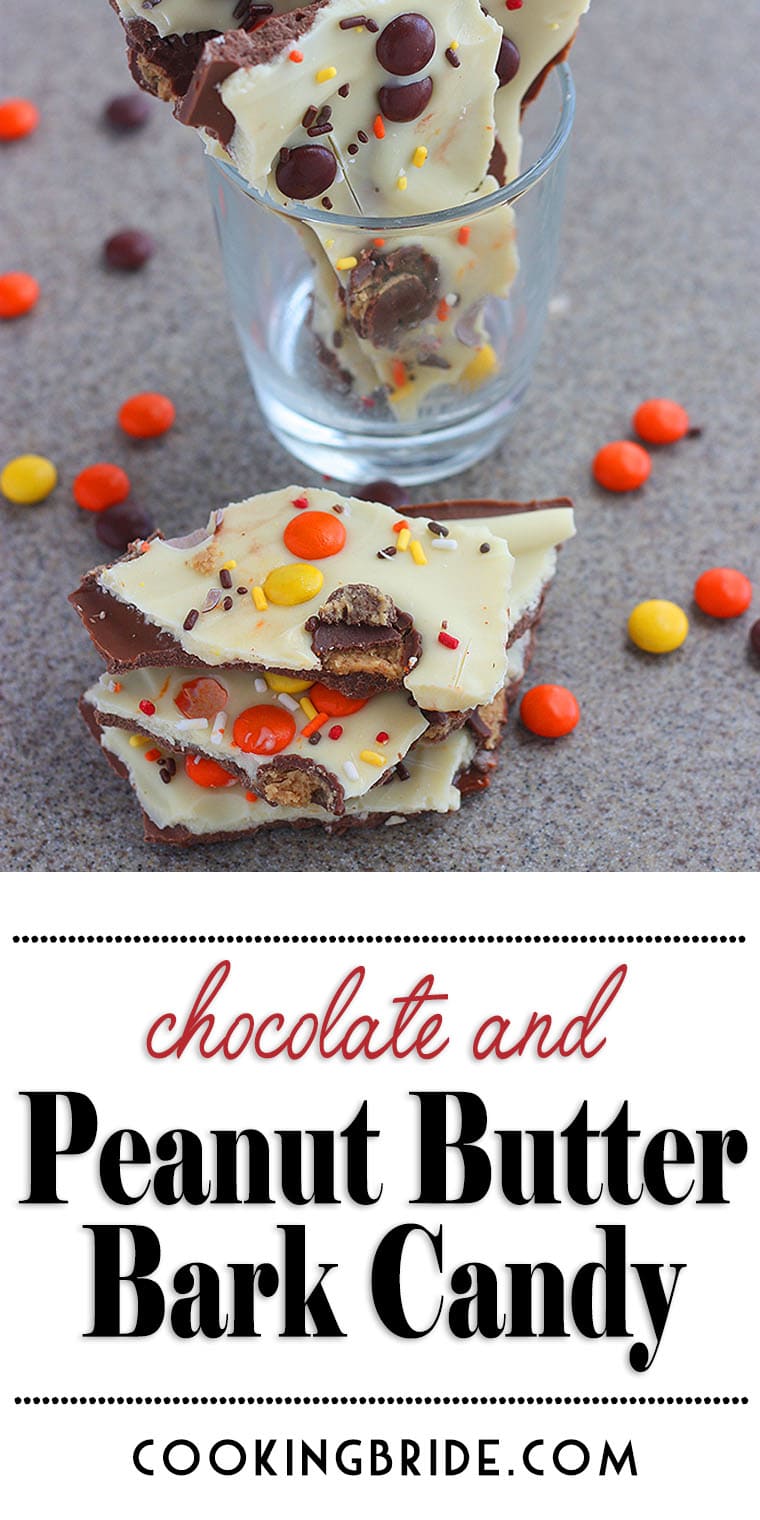 Chocolate peanut butter bark candy satisfies that sweet tooth with milk and white chocolate sprinkled with Reese's candy for a truly yummy treat.