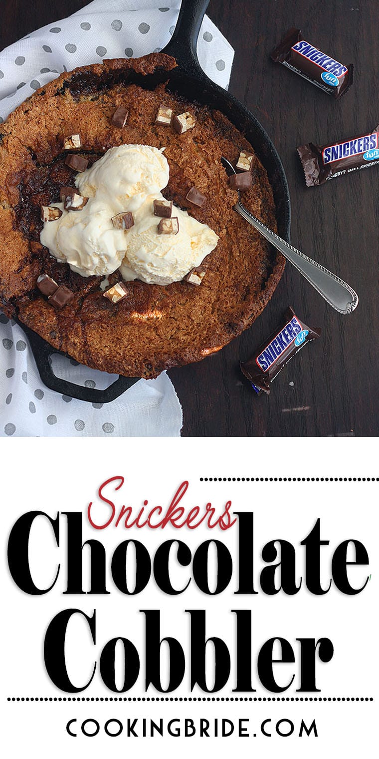 Snickers candy bar chocolate cobbler couldn’t be easier to make! Snickers candy is melted with cream and semi-sweet chocolate, then served with a warm, flaky crust.