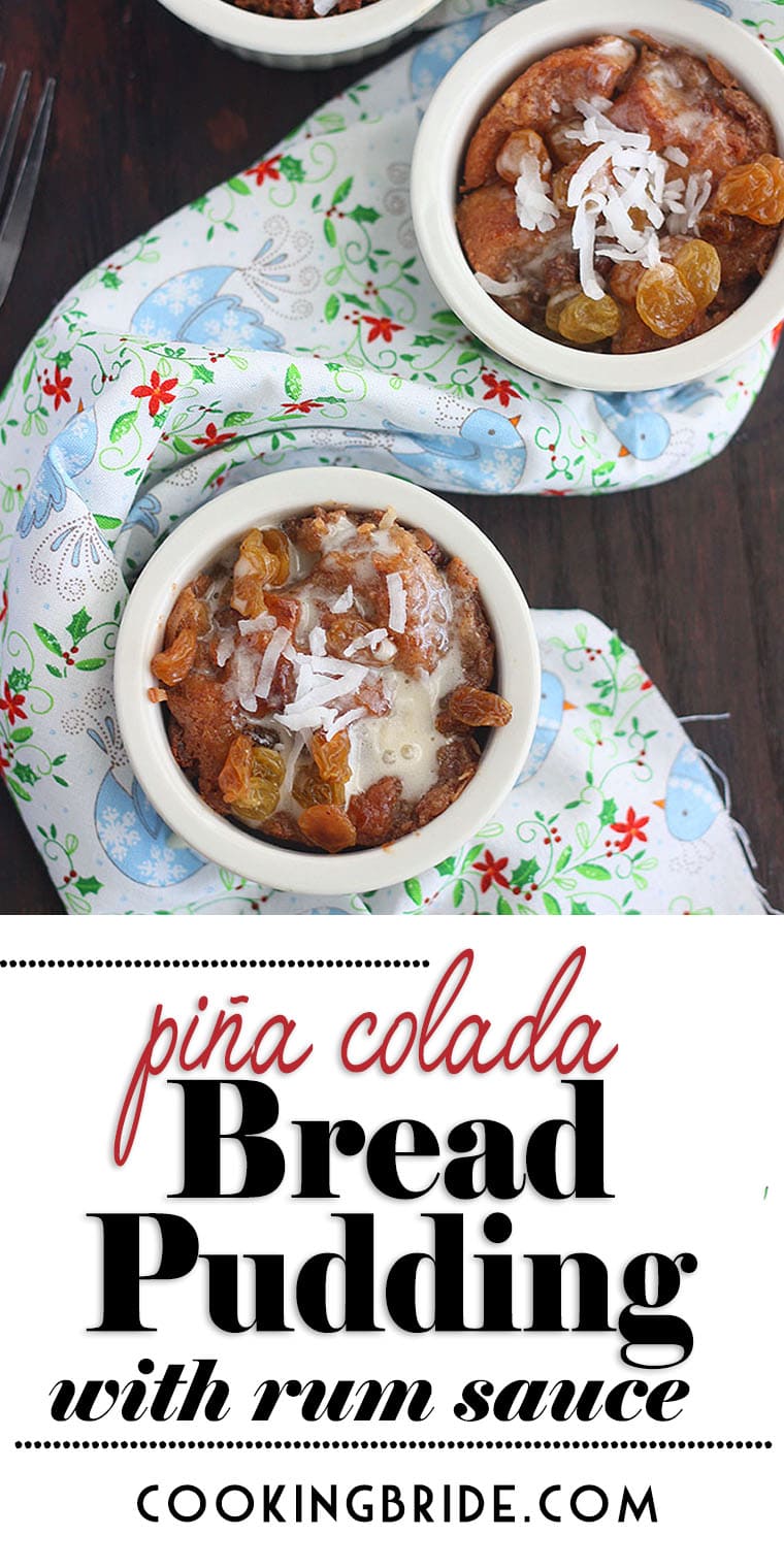 Piña Colada Pineapple Bread Pudding has a tropical twist with crushed pineapple, golden raisins, shredded coconut and pina colada mix.