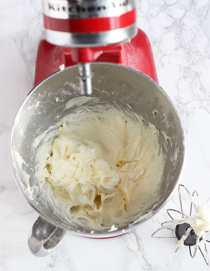 mixing bowl with cream cheese icing
