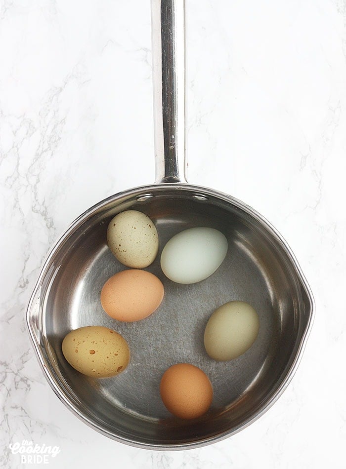 six eggs in a stainless steel pot covered with water