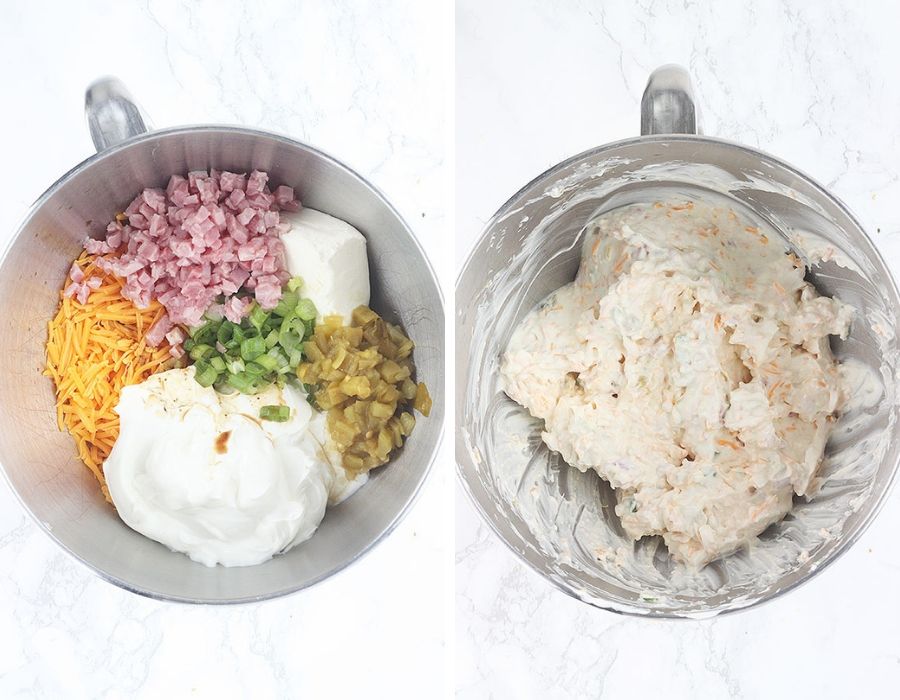 side-by-side shot of dip ingredients in a metal mixing bowl