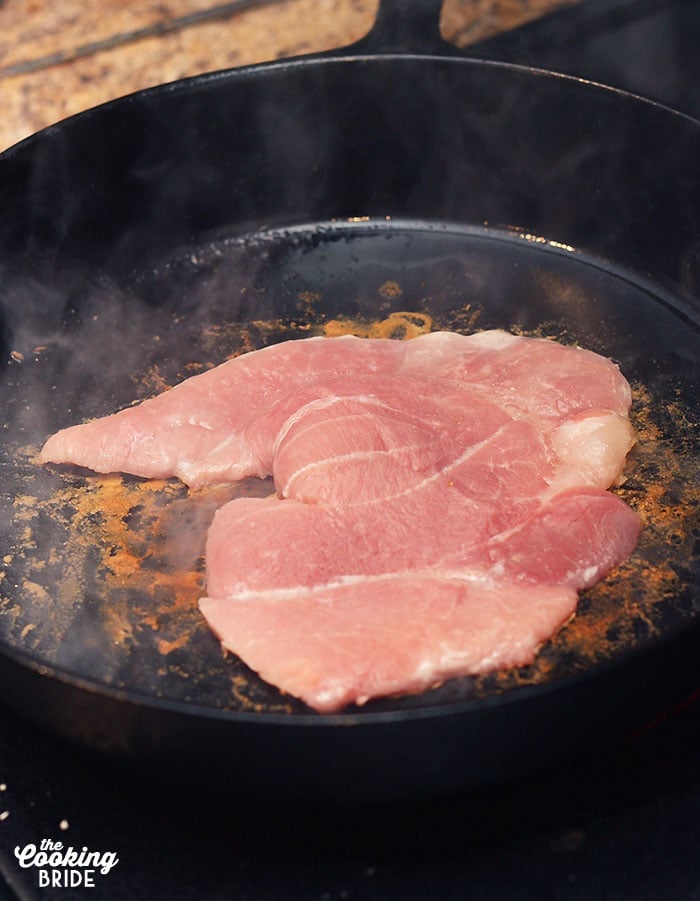 cooking the country ham in a cast iron skillet
