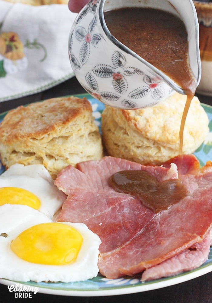 pouring the red eye gravy over the country ham