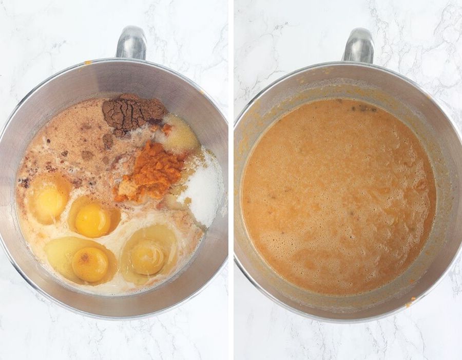 Left, unmixed pumpkin layer ingredients in a metal mixing bowl Right, pumpkin mixture in a mixing bowl after it has been combined. Right, 