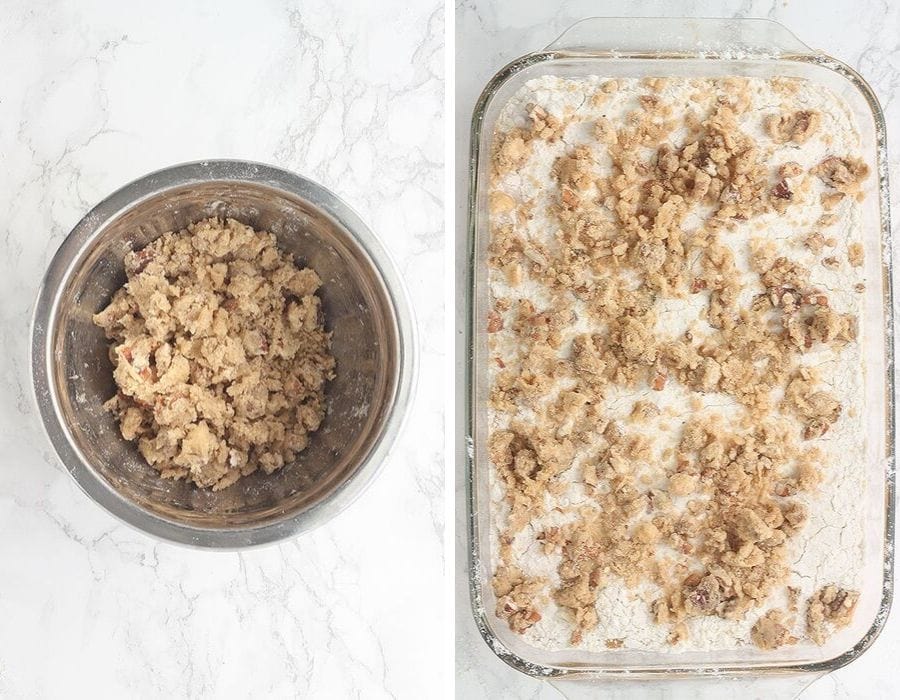 Left, mixed praline topping mixture in a mixing bowl. Right, overhead shot of assembled cake in a baking pan right before it goes into the oven