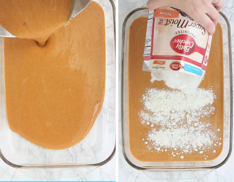 Left, pouring the pumpkin filling into the baking dish. Right, sprinkling the cake mix onto the pumpkin layer