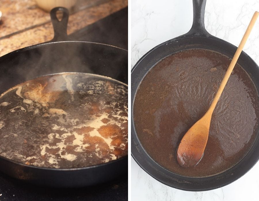 left - red eye gravy simmering on the stove in a cast iron skillet. Right - finished red eye gravy in a cast iron skillet