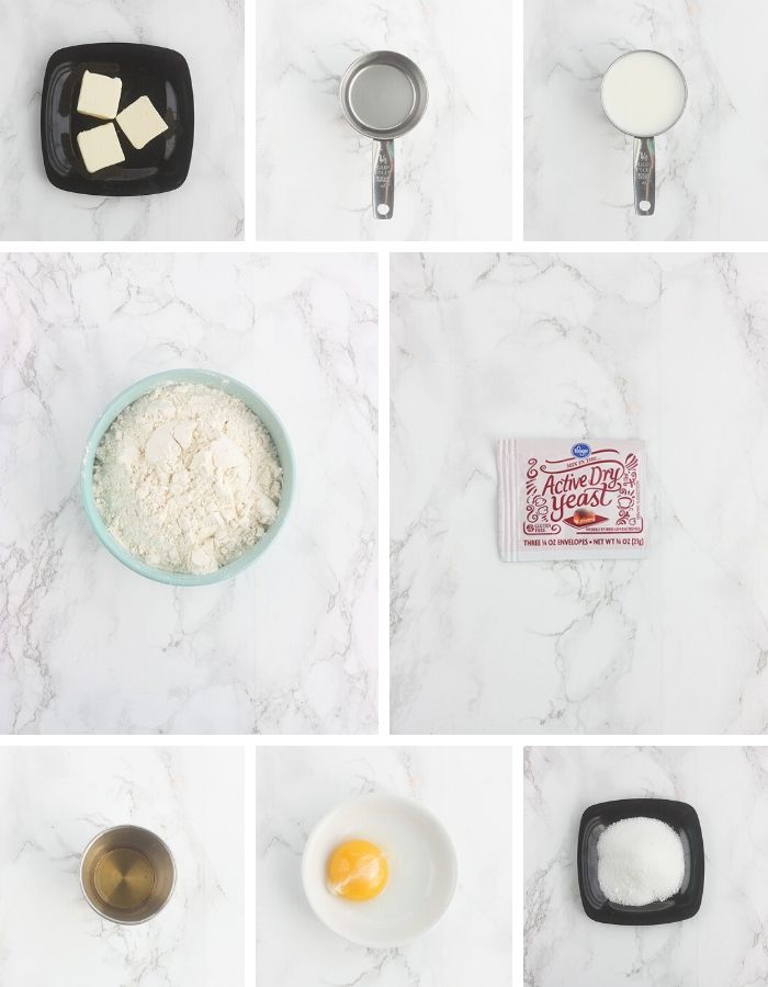 collage of beignet ingredients - butter, water, milk, flour, yeast, vanilla, egg yolk and sugar