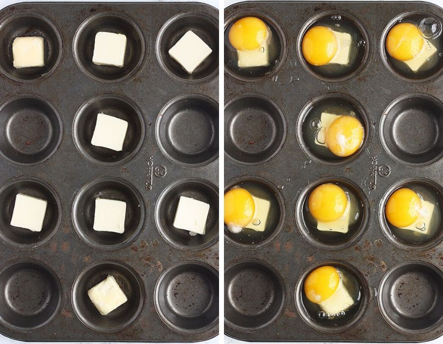 Left, one tablespoon of butter in muffin tin cups. Right, one egg over the butter in muffin tin cups