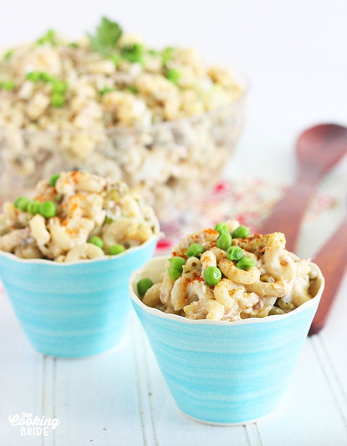 two servings of tuna macaroni salad in small blue bowls