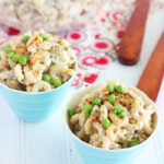 two servings of tuna macaroni salad in small blue bowls