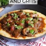 Bowl of grillades and grits garnished with chopped fresh parsley.