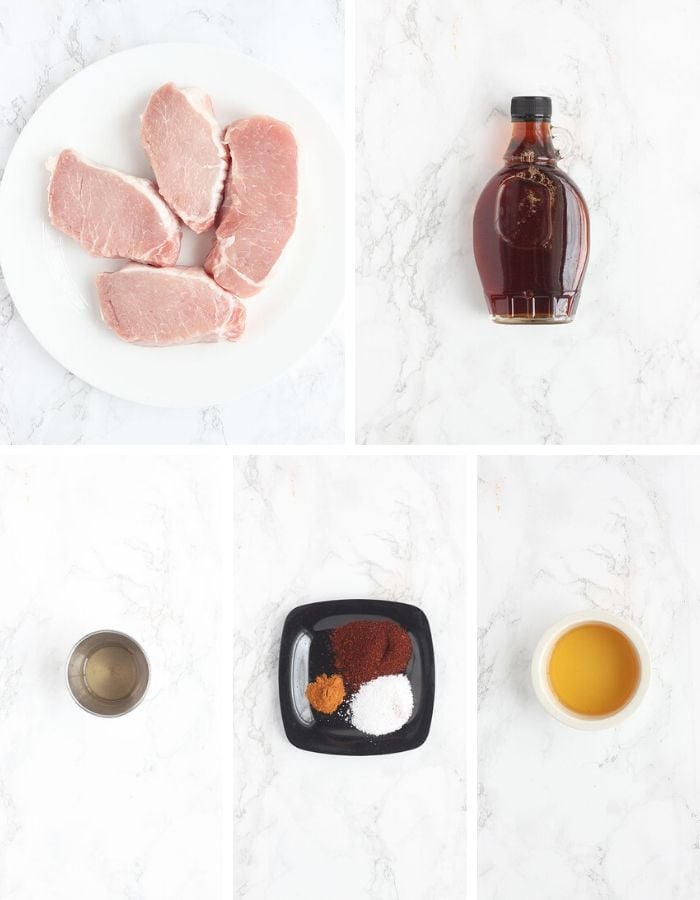 maple glazed pork chop ingredients including pork loin chops, maple syrup, cider vinegar, spices and apple juice