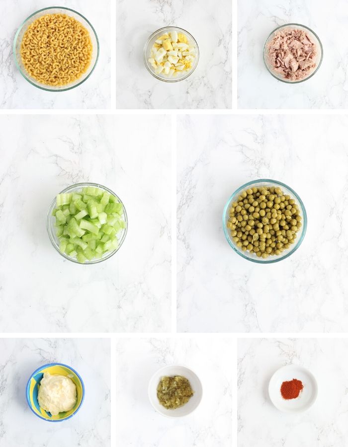 collage of tuna macaroni ingredients including elbow macaroni, chopped eggs, flaked tuna, celery, sweet peas, mayonnaise, pickle relish and cayenne pepper